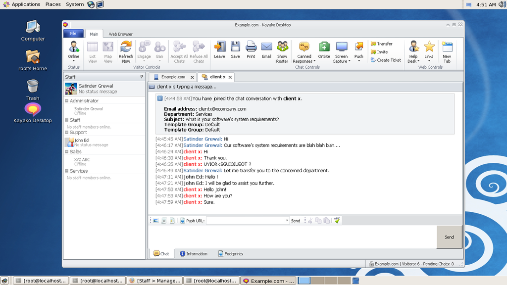 Kayako Desktop running on Cent OS 5.5 i386. Chat transfer worked from Linux to Windows.